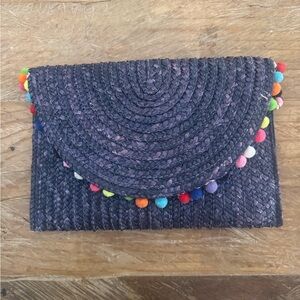 Woven Dark Purple Pom-Pom Clutch